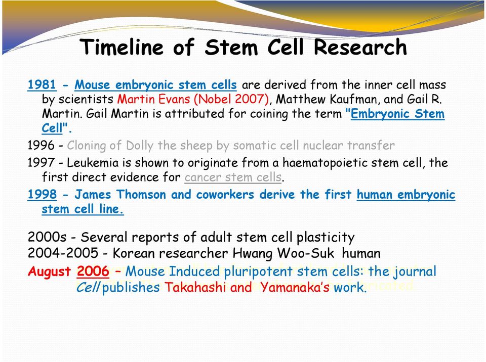 1998 - James Thomson and coworkers derive the first human embryonic stem cell line.