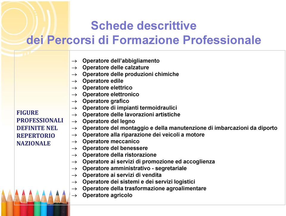 montaggio e della manutenzione di imbarcazioni da diporto Operatore alla riparazione dei veicoli a motore Operatore meccanico Operatore del benessere Operatore della ristorazione Operatore ai servizi