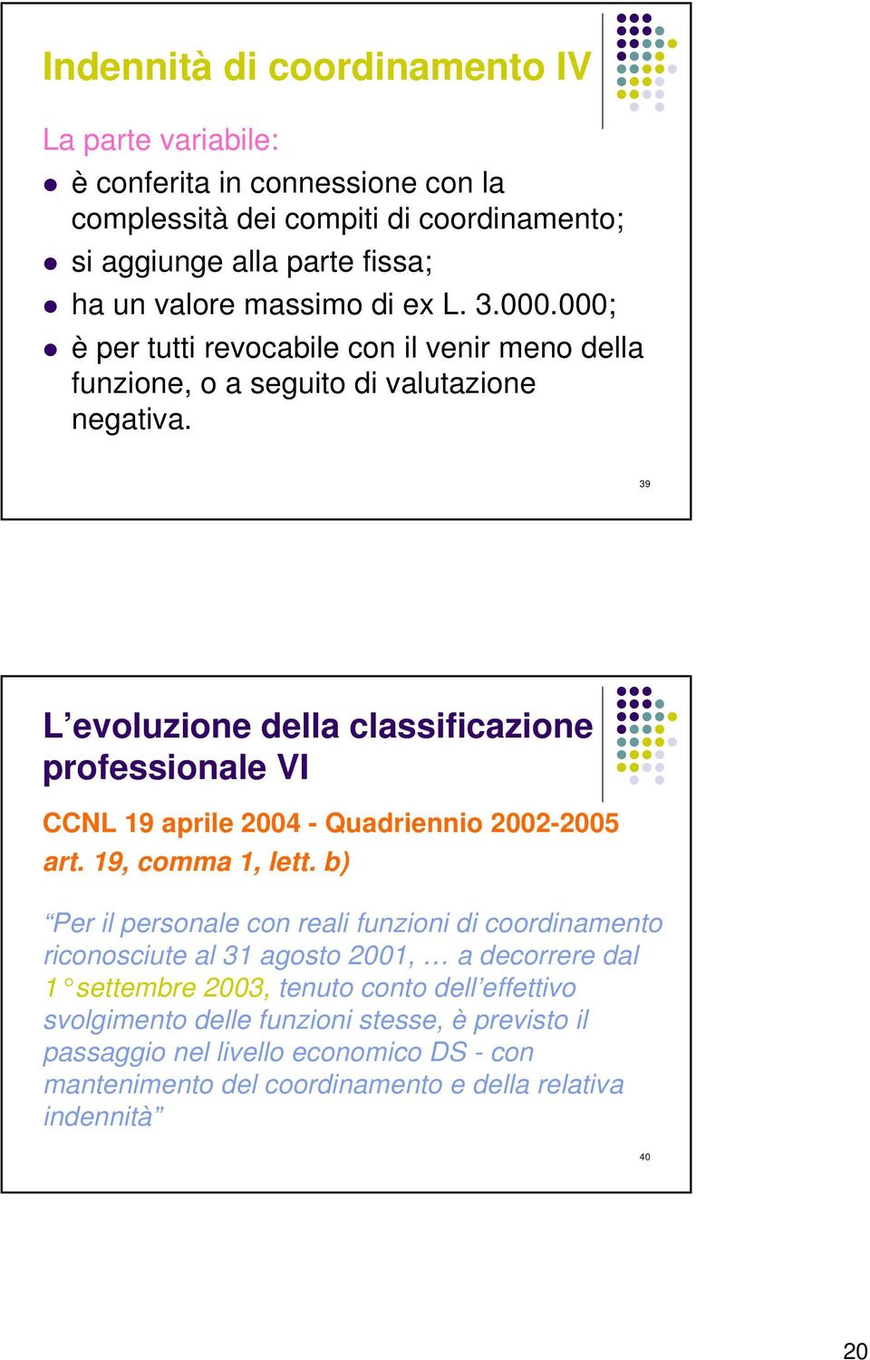 39 L evoluzione della classificazione professionale VI CCNL 19 aprile 2004 - Quadriennio 2002-2005 art. 19, comma 1, lett.