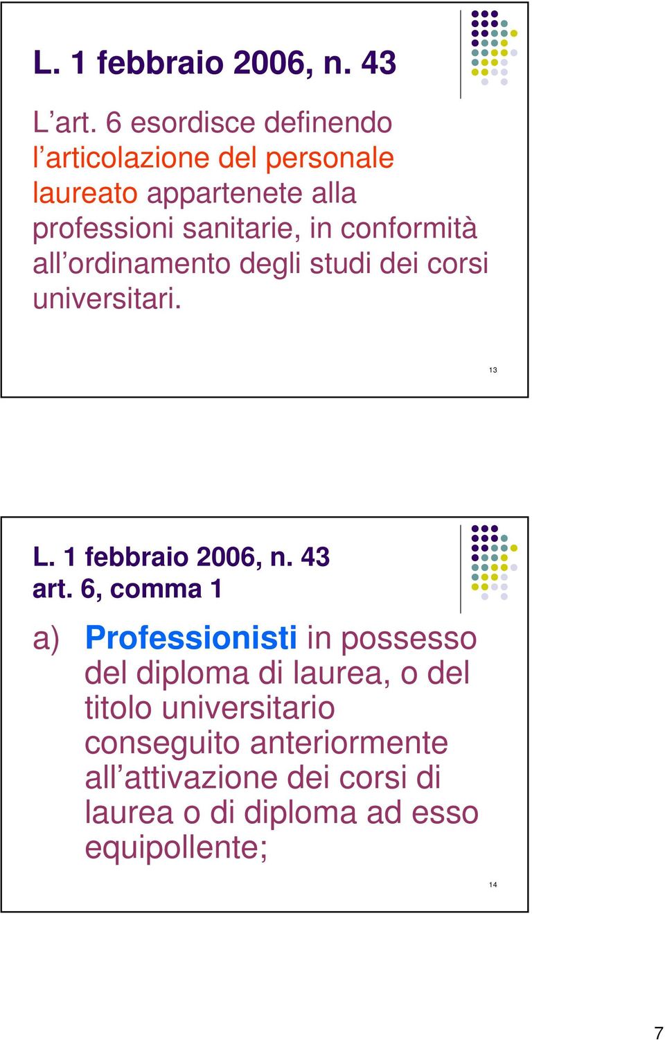 conformità all ordinamento degli studi dei corsi universitari. 13 L. 1 febbraio 2006, n. 43 art.