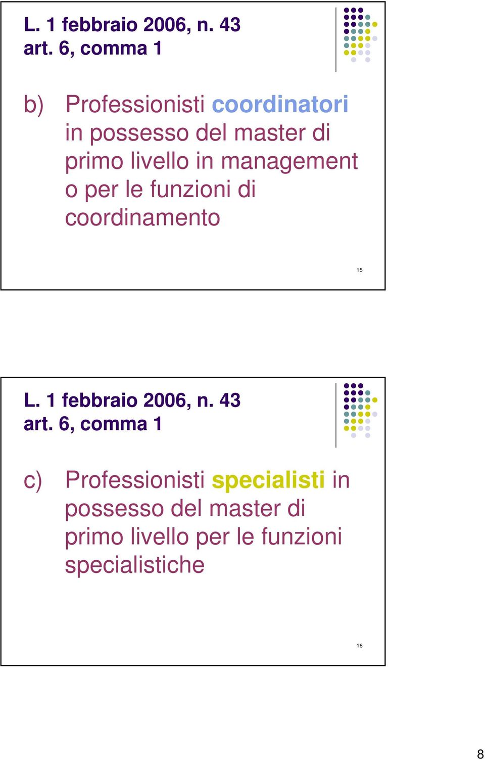 livello in management o per le funzioni di coordinamento 15  6, comma 1 c)