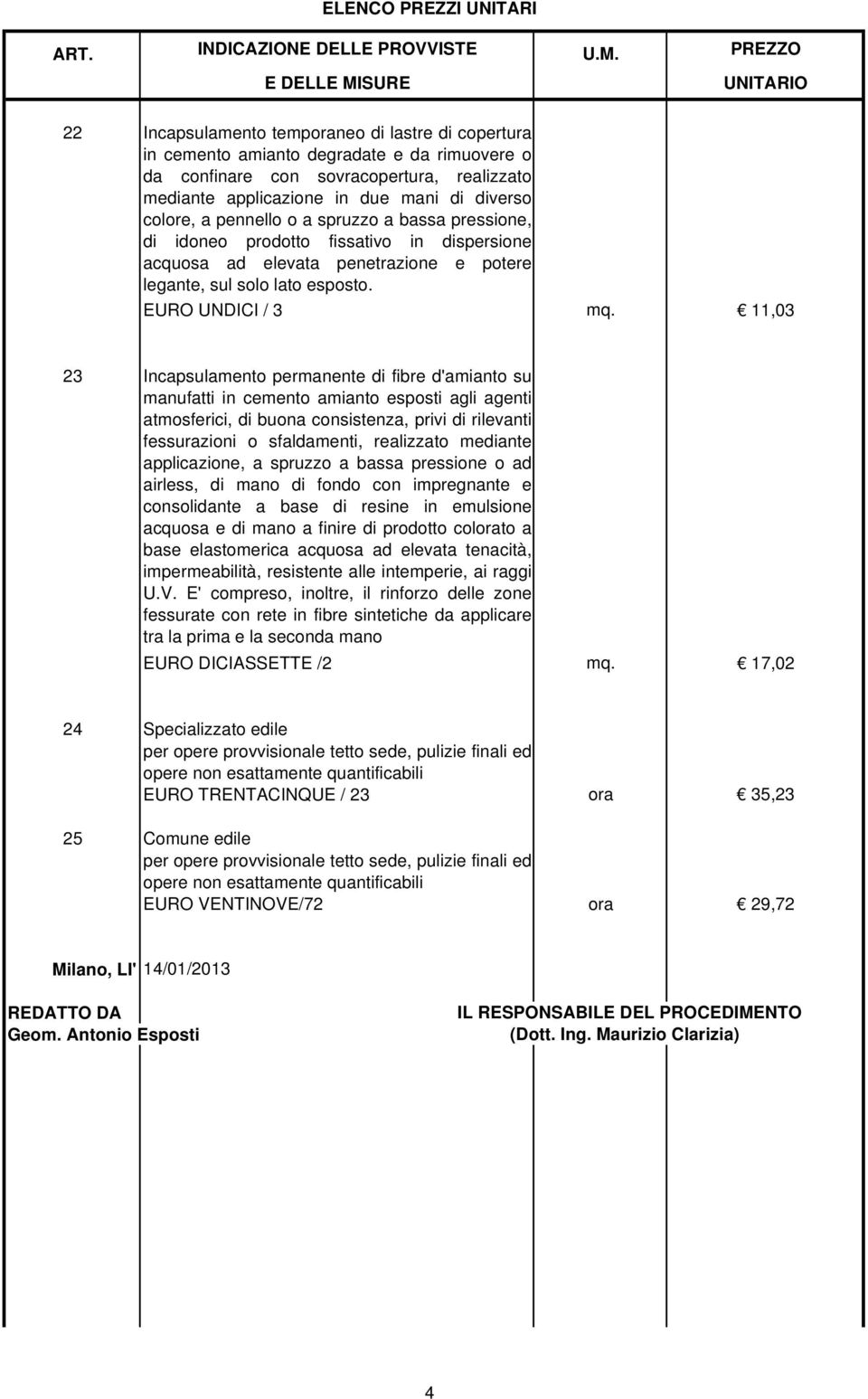 11,03 23 Incapsulamento permanente di fibre d'amianto su manufatti in cemento amianto esposti agli agenti atmosferici, di buona consistenza, privi di rilevanti fessurazioni o sfaldamenti, realizzato