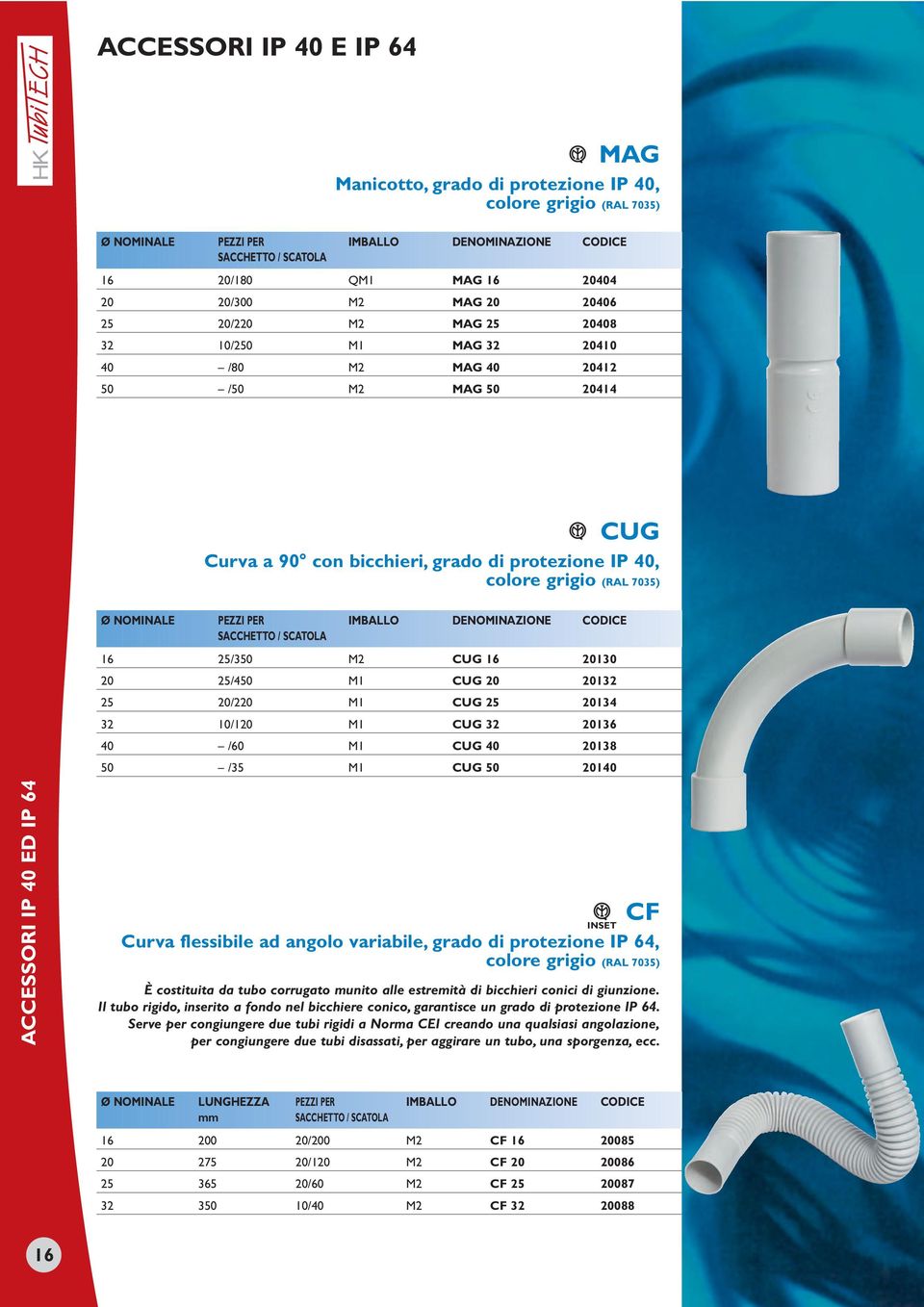 IMBALLO DENOMINAZIONE CODICE 16 25/350 M2 CUG 16 20130 20 25/450 M1 CUG 20 20132 25 20/220 M1 CUG 25 20134 32 10/120 M1 CUG 32 20136 40 /60 M1 CUG 40 20138 50 /35 M1 CUG 50 20140 ACCESSORI IP 40 ED