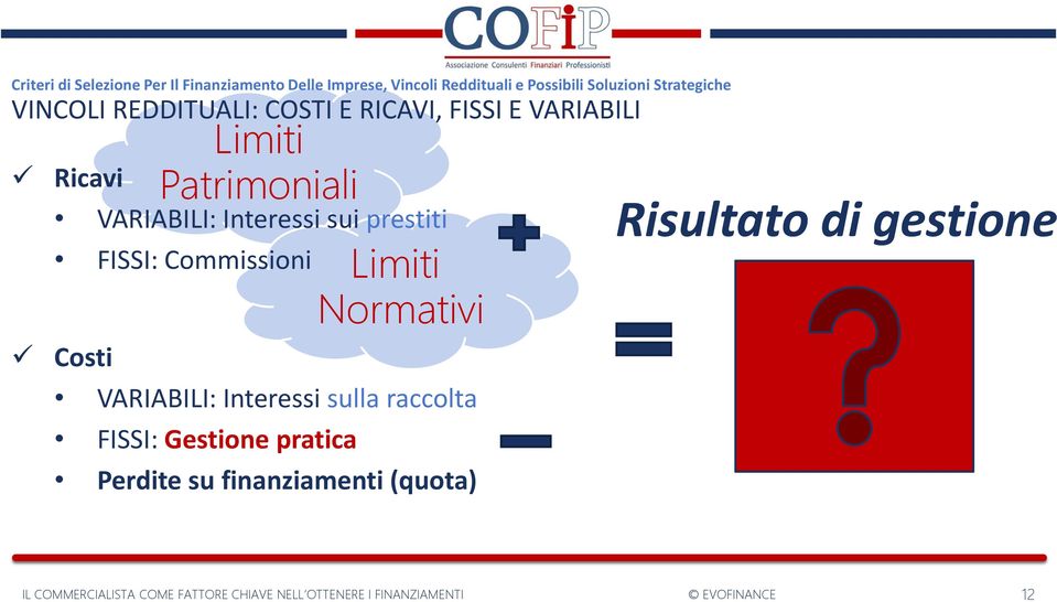 Patrimoniali VARIABILI: Interessi sui prestiti FISSI: Commissioni Limiti Normativi VARIABILI: