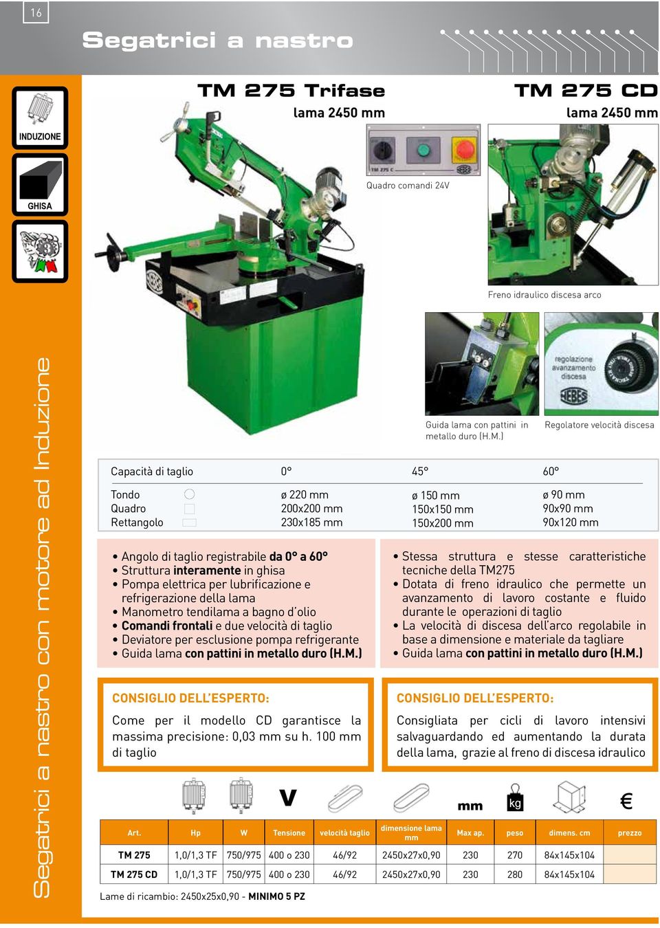 metallo duro (H.M.) Come per il modello CD garantisce la massima precisione: 0,03 su h. 100 di taglio V Art. Hp W Tensione velocità taglio ø 150 150x150 150x200 ø 90 90x90 90x120 Max ap. peso dimens.