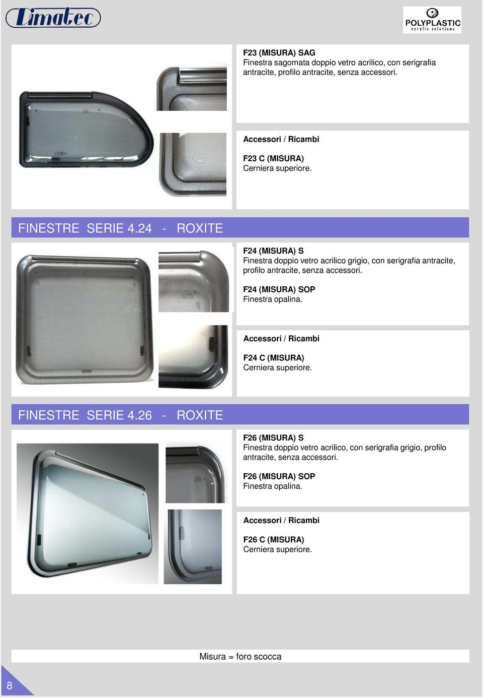 24 - ROXITE F24 (MISURA) S Finestra doppio vetro acrilico grigio, con serigrafia antracite, profilo antracite, senza accessori.