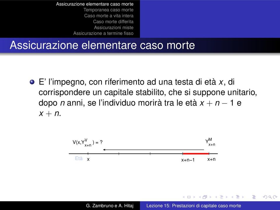 unitario, dopo n anni, se l individuo morirà tra le età x + n 1 e x + n.