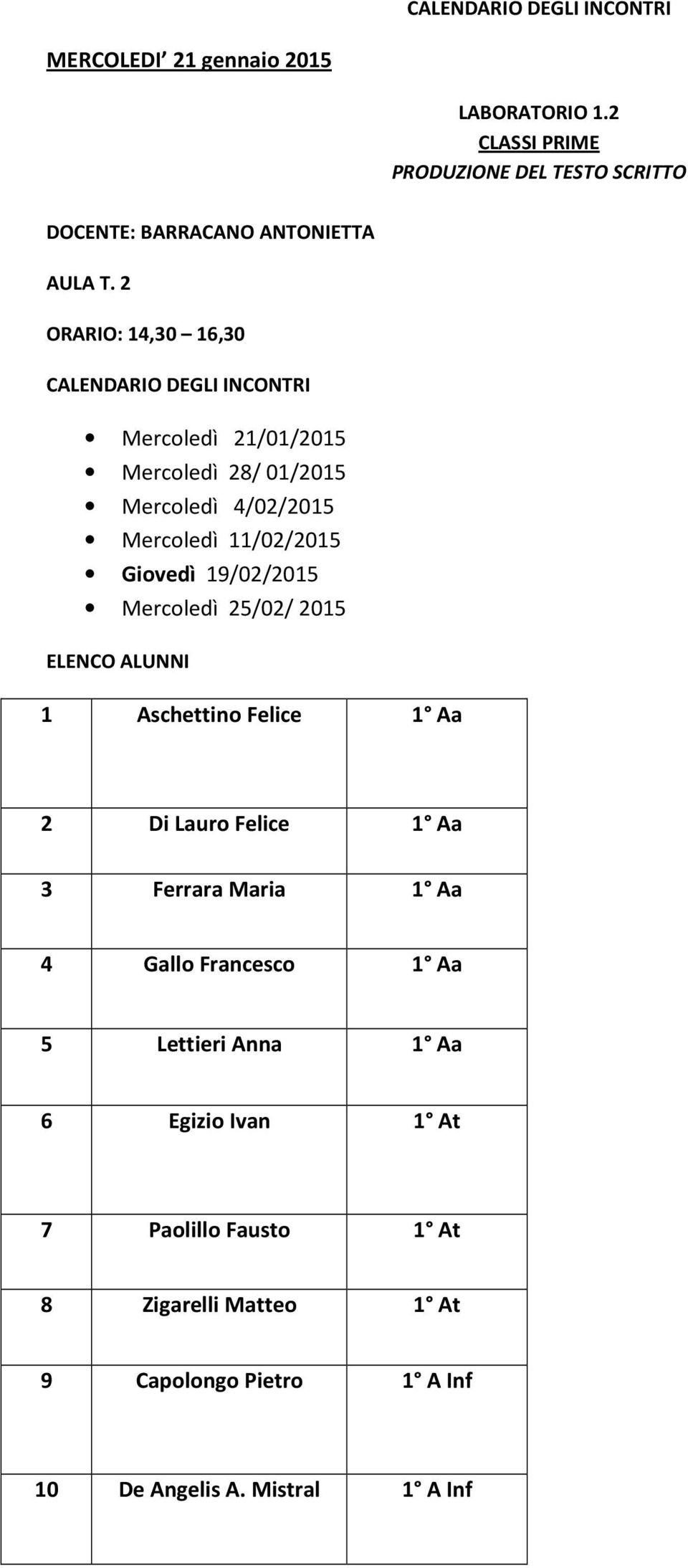 2 ORARIO: 14,30 16,30 CALENDARIO DEGLI INCONTRI Mercoledì 21/01/2015 Mercoledì 28/ 01/2015 Mercoledì 4/02/2015 Mercoledì 11/02/2015 Giovedì