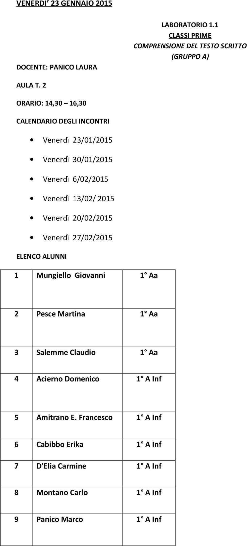 20/02/2015 Venerdì 27/02/2015 ELENCO ALUNNI 1 Mungiello Giovanni 1 Aa 2 Pesce Martina 1 Aa 3 Salemme Claudio 1 Aa 4 Acierno
