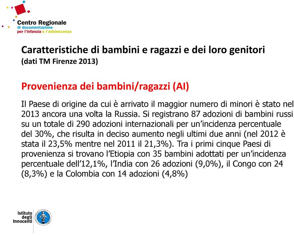 Si registrano 87 adozioni di bambini russi su un totale di 290 adozioni internazionali per un incidenza percentuale del 30%, che risulta in deciso aumento negli ultimi