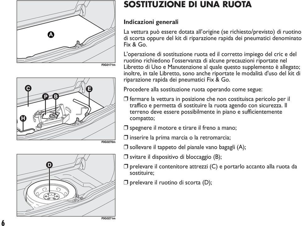 L operazione di sostituzione ruota ed il corretto impiego del cric e del ruotino richiedono l osservanza di alcune precauzioni riportate nel Libretto di Uso e Manutenzione al quale questo supplemento