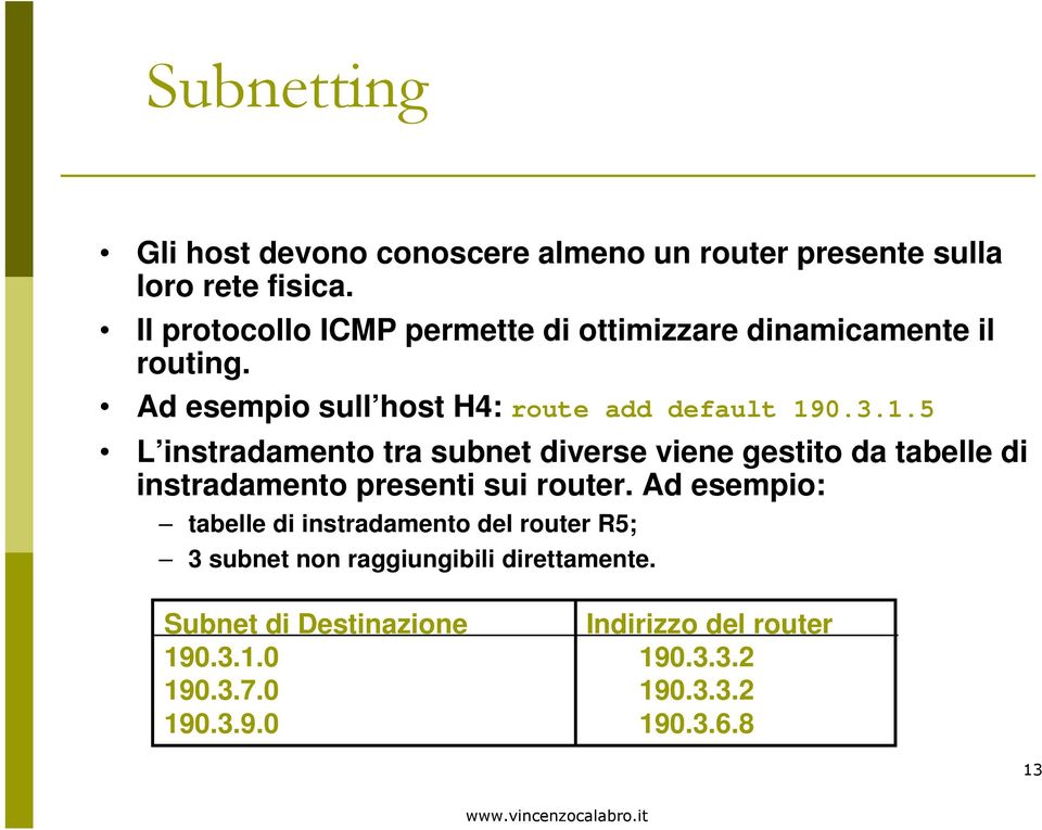 0.3.1.5 L instradamento tra subnet diverse viene gestito da tabelle di instradamento presenti sui router.