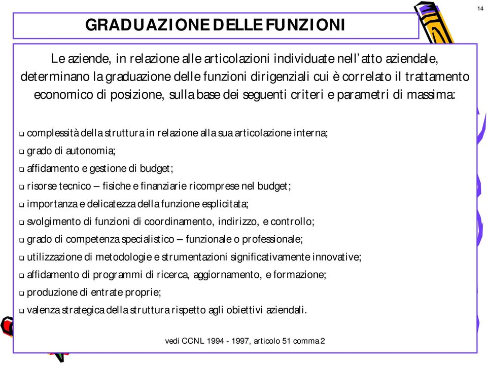 budget; risorse tecnico fisiche e finanziarie ricomprese nel budget; importanza e delicatezza della funzione esplicitata; svolgimento di funzioni di coordinamento, indirizzo, e controllo; grado di