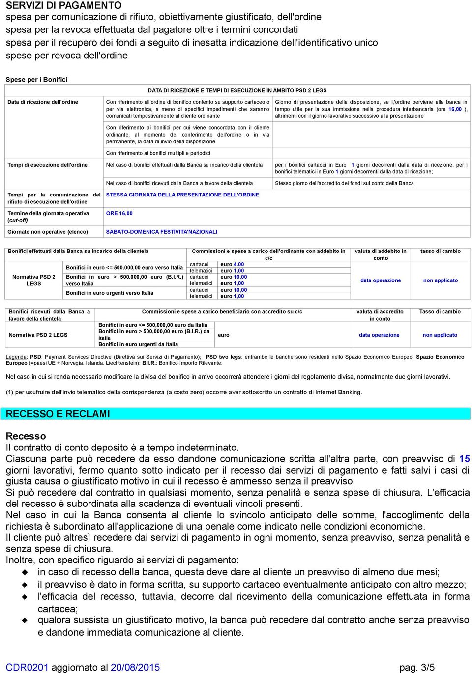 2 LEGS Con riferimento all'ordine di bonifico conferito su supporto cartaceo o per via elettronica, a meno di specifici impedimenti che saranno comunicati tempestivamente al cliente ordinante Giorno