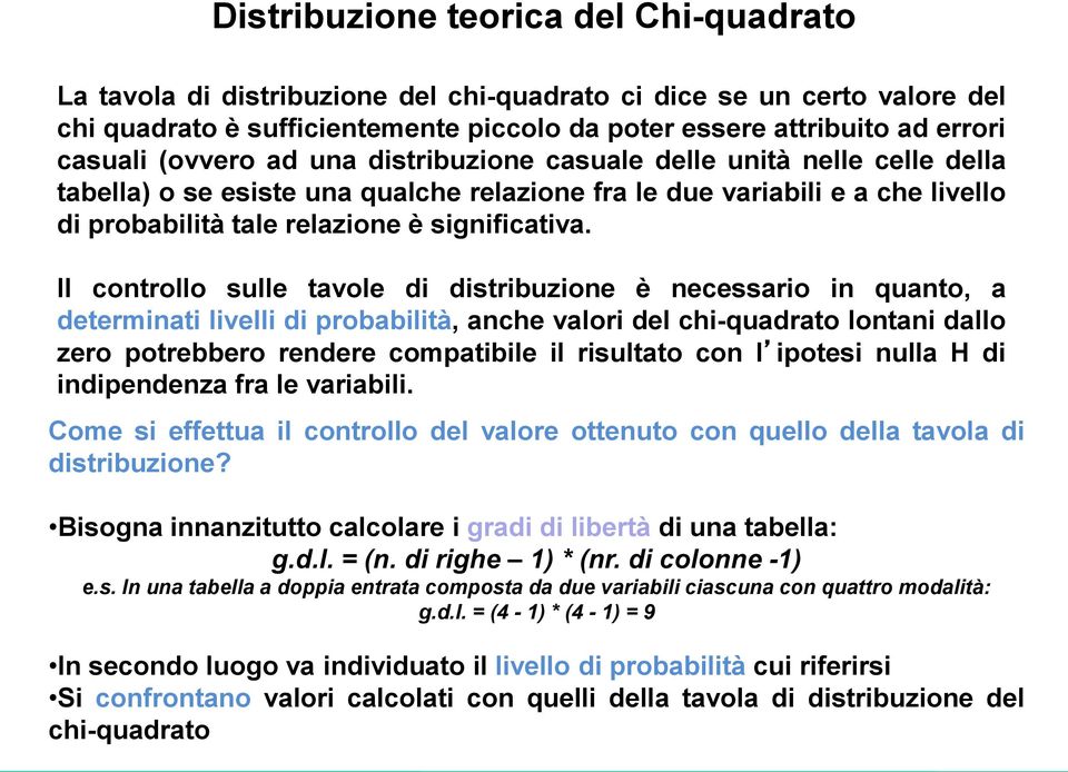 Il controllo sulle tavole di distribuzione è necessario in quanto, a determinati livelli di probabilità, anche valori del chi-quadrato lontani dallo zero potrebbero rendere compatibile il risultato