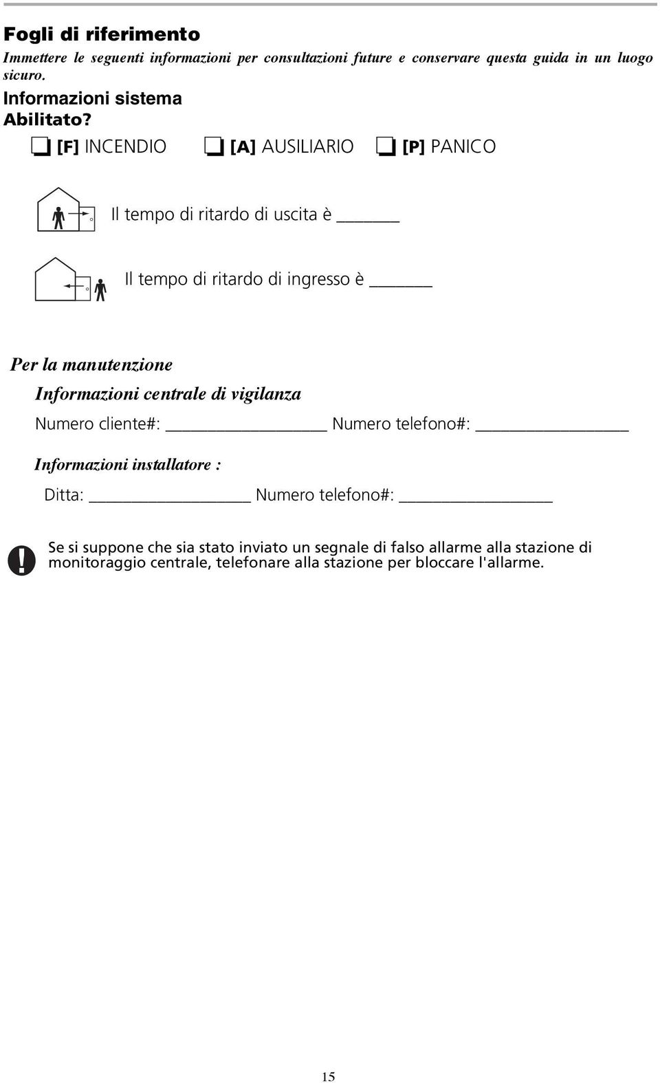 [F] INCENDIO [A] AUSILIARIO [P] PANICO Il tempo di ritardo di uscita è Il tempo di ritardo di ingresso è Per la manutenzione Informazioni