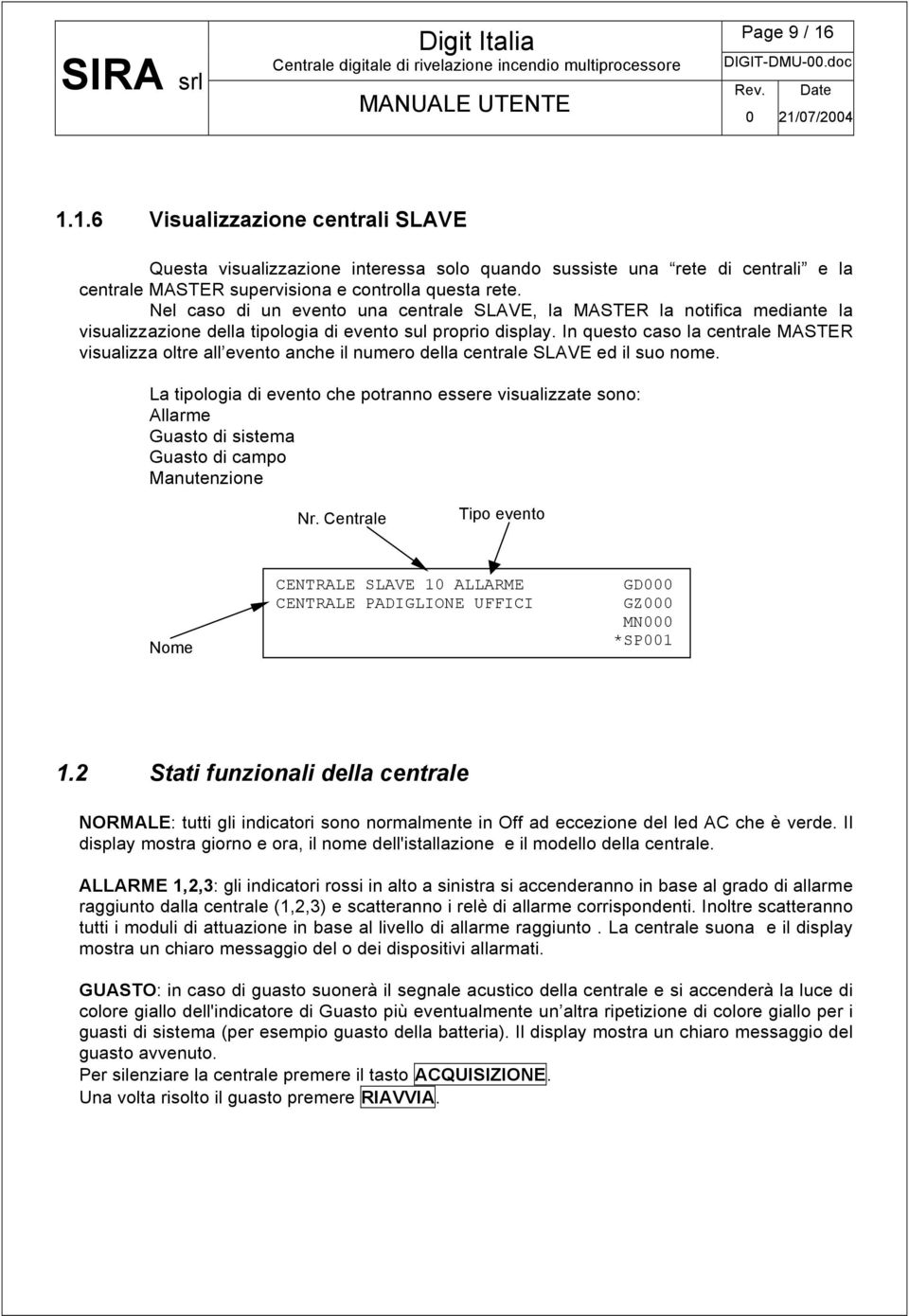 In questo caso la centrale MASTER visualizza oltre all evento anche il numero della centrale SLAVE ed il suo nome.