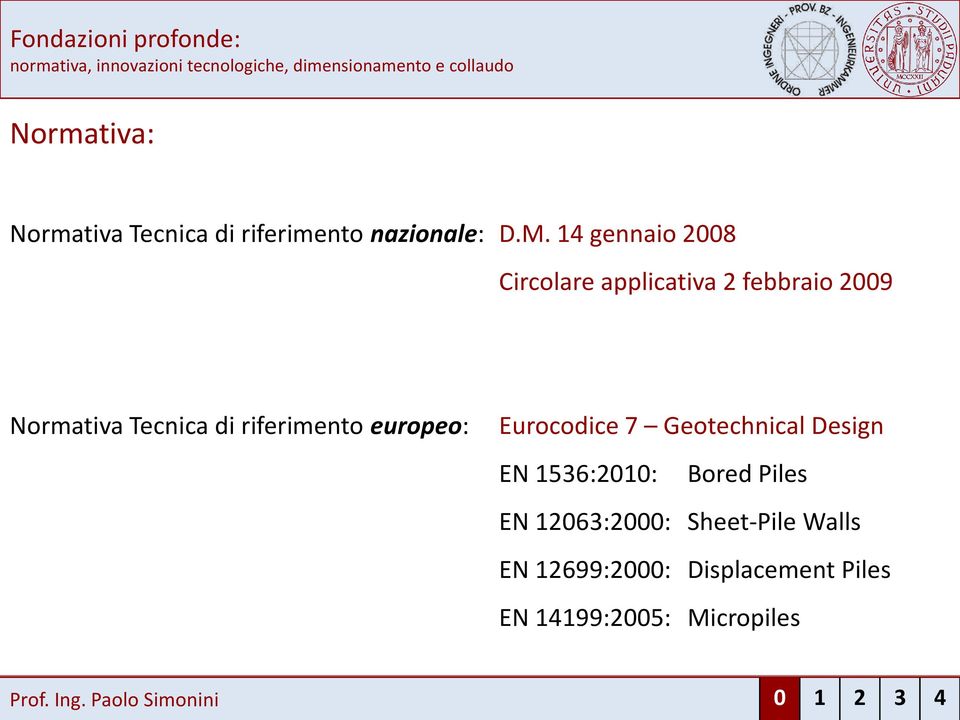riferimento europeo: Eurocodice 7 Geotechnical Design EN 1536:2010: Bored Piles EN