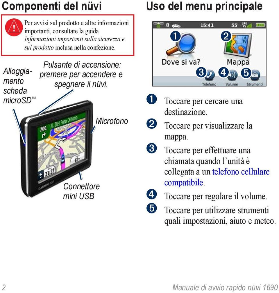 premere per accendere e scheda microsd Connettore mini USB Microfono Uso del menu principale ➊ ➋ ➌ ➍ ➎ ➊ Toccare per cercare una destinazione.