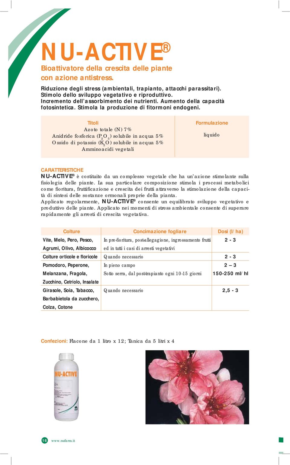 Titoli Azoto totale (N) 7% Anidride fosforica (P 2 O 5 ) solubile in acqua 5% Ossido di potassio (K 2 O) solubile in acqua 5% Amminoacidi vegetali Formulazione liquido CARATTERISTICHE NU-ACTIVE è