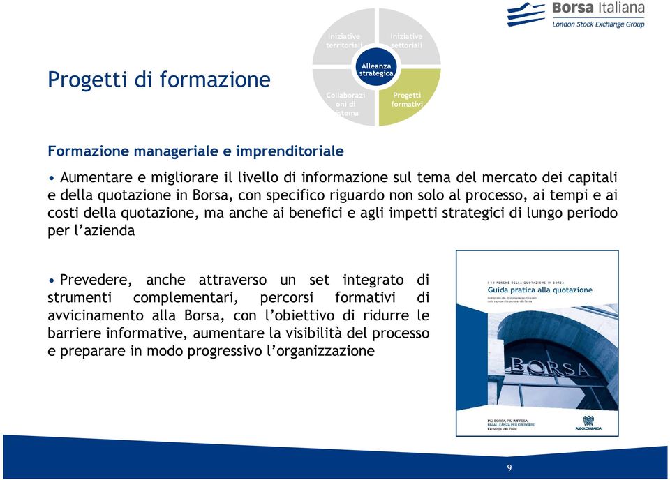 quotazione, ma anche ai benefici e agli impetti strategici di lungo periodo per l azienda Prevedere, anche attraverso un set integrato di strumenti complementari, percorsi