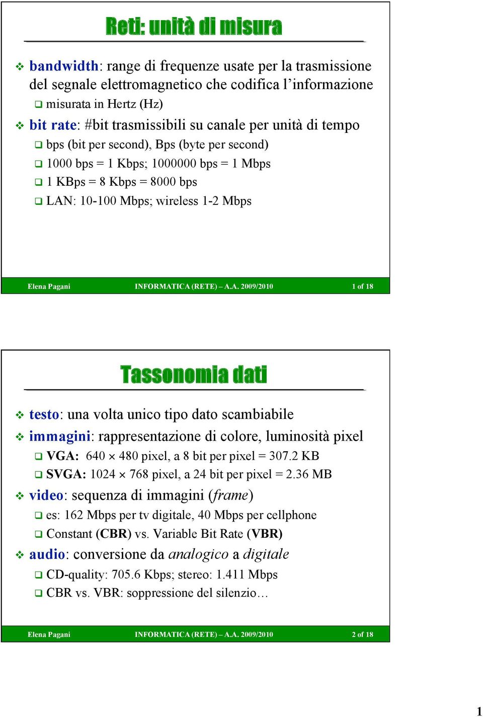 una volta unico tipo dato scambiabile immagini: rappresentazione di colore, luminosità pixel VGA: 640 480 pixel, a 8 bit per pixel = 307.2 KB SVGA: 1024 768 pixel, a 24 bit per pixel = 2.