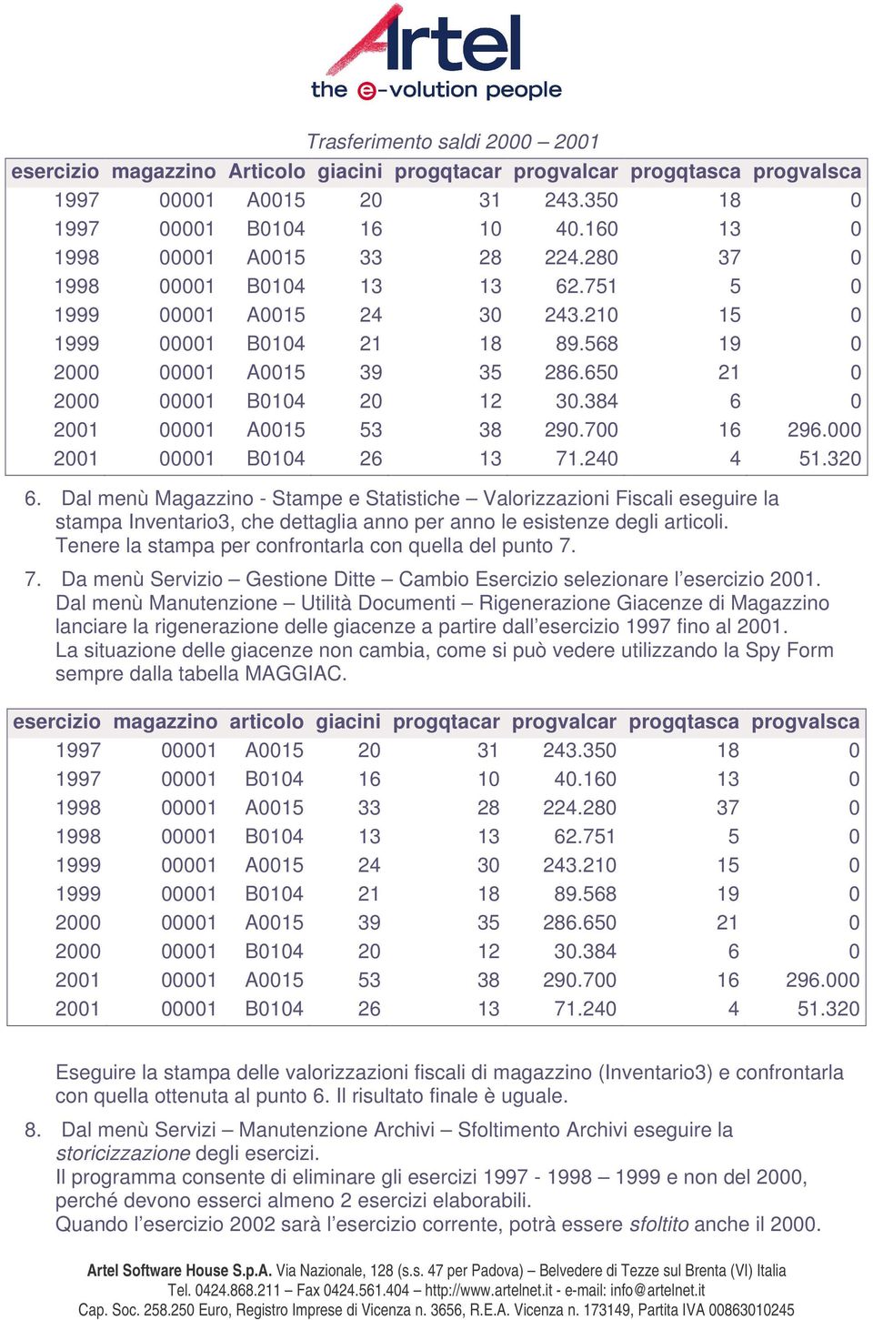 Dal menù Magazzino - Stampe e Statistiche Valorizzazioni Fiscali eseguire la stampa Inventario3, che dettaglia anno per anno le esistenze degli articoli.
