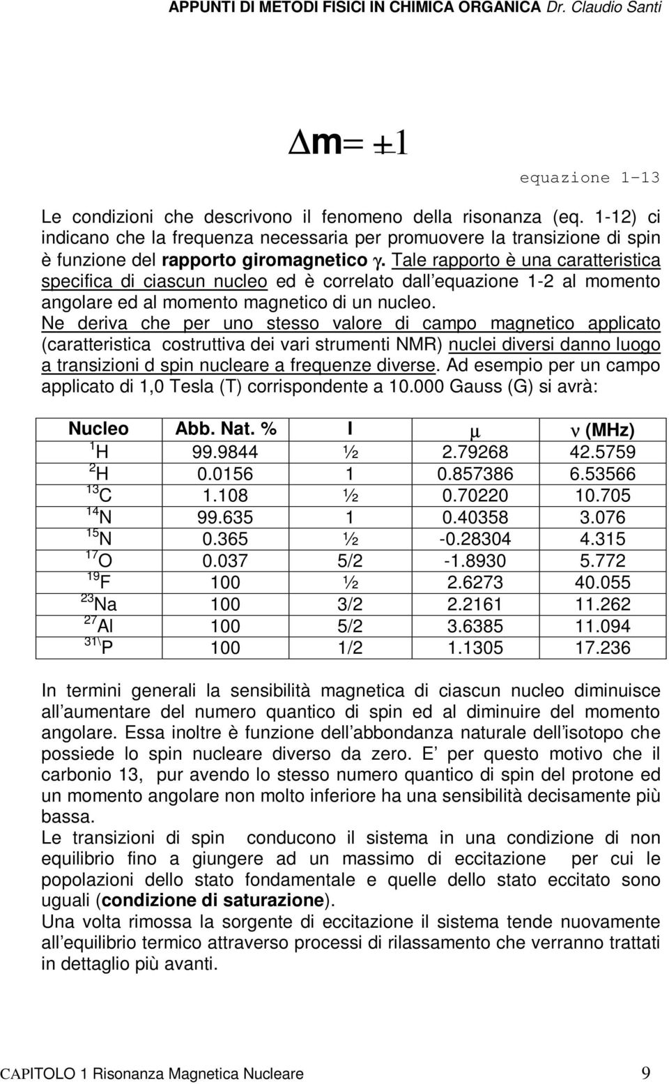 Tale rapporto è una caratteristica specifica di ciascun nucleo ed è correlato dall equazione 1-2 al momento angolare ed al momento magnetico di un nucleo.