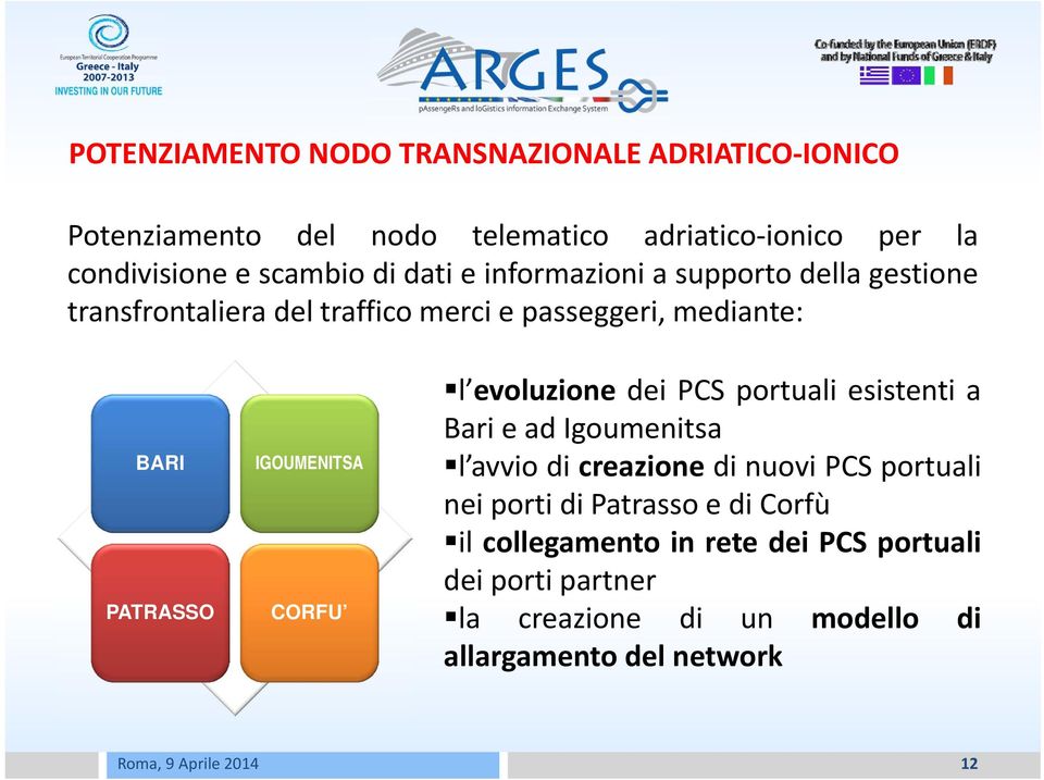 IGOUMENITSA CORFU l evoluzione dei PCS portuali esistenti a Bari e ad Igoumenitsa l avvio di creazione di nuovi PCS portuali nei