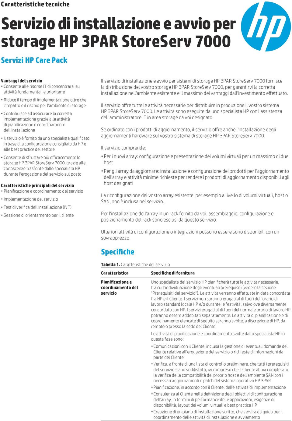 e coordinamento dell'installazione Il è fornito da uno specialista qualificato, in base alla configurazione consigliata da HP e alle best practice del settore Consente di sfruttare più efficacemente