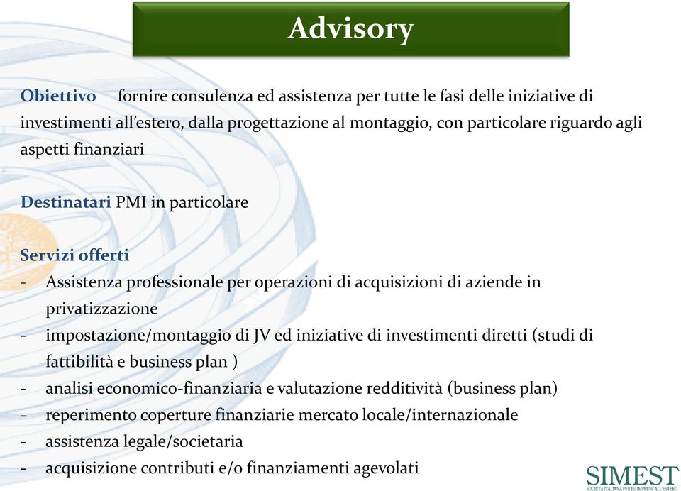 privatizzazione - impostazione/montaggio di JV ed iniziative di investimenti diretti (studi di fattibilità e business plan ) - analisi economico-finanziaria e