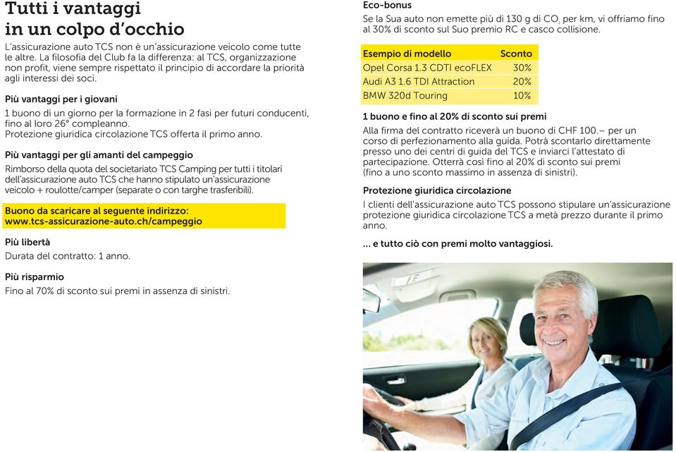 Più vantaggi per i giovani 1 buono di un giorno per la formazione in 2 fasi per futuri conducenti, fino al loro 26 compleanno. Protezione giuridica circolazione TCS offerta il primo anno.