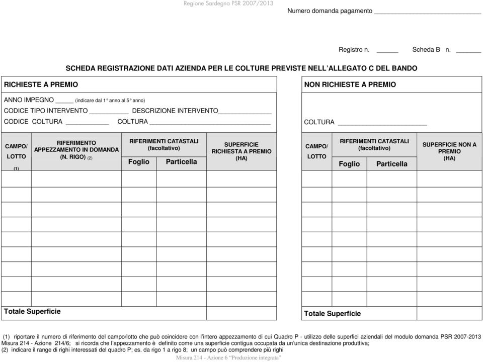 DESCRIZIONE INTERVENTO CODICE COLTURA COLTURA COLTURA CAMPO/ LOTTO (1) RIFERIMENTO APPEZZAMENTO IN DOMANDA RIFERIMENTI CATASTALI (facoltativo) (N.