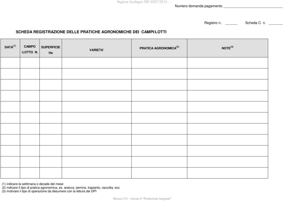 SUPERFICIE Ha VARIETA PRATICA AGRONOMICA (2) NOTE (3) (1) indicare la settimana o decade del