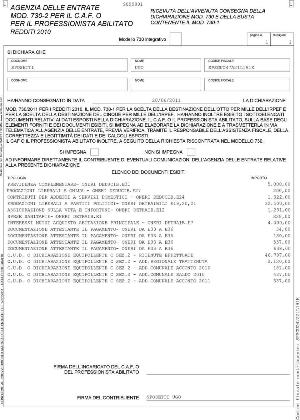 di pagine COGNOME SPOSETTI NOME UGO CODICE FISCALE SPSGUO7AL9K COGNOME NOME CODICE FISCALE CONFORME AL PROVVEDIMENTO AGENZIA DELLE ENTRATE DEL 7/0/0 - DATA PRINT GRAFIK HA/HANNO CONSEGNATO IN DATA