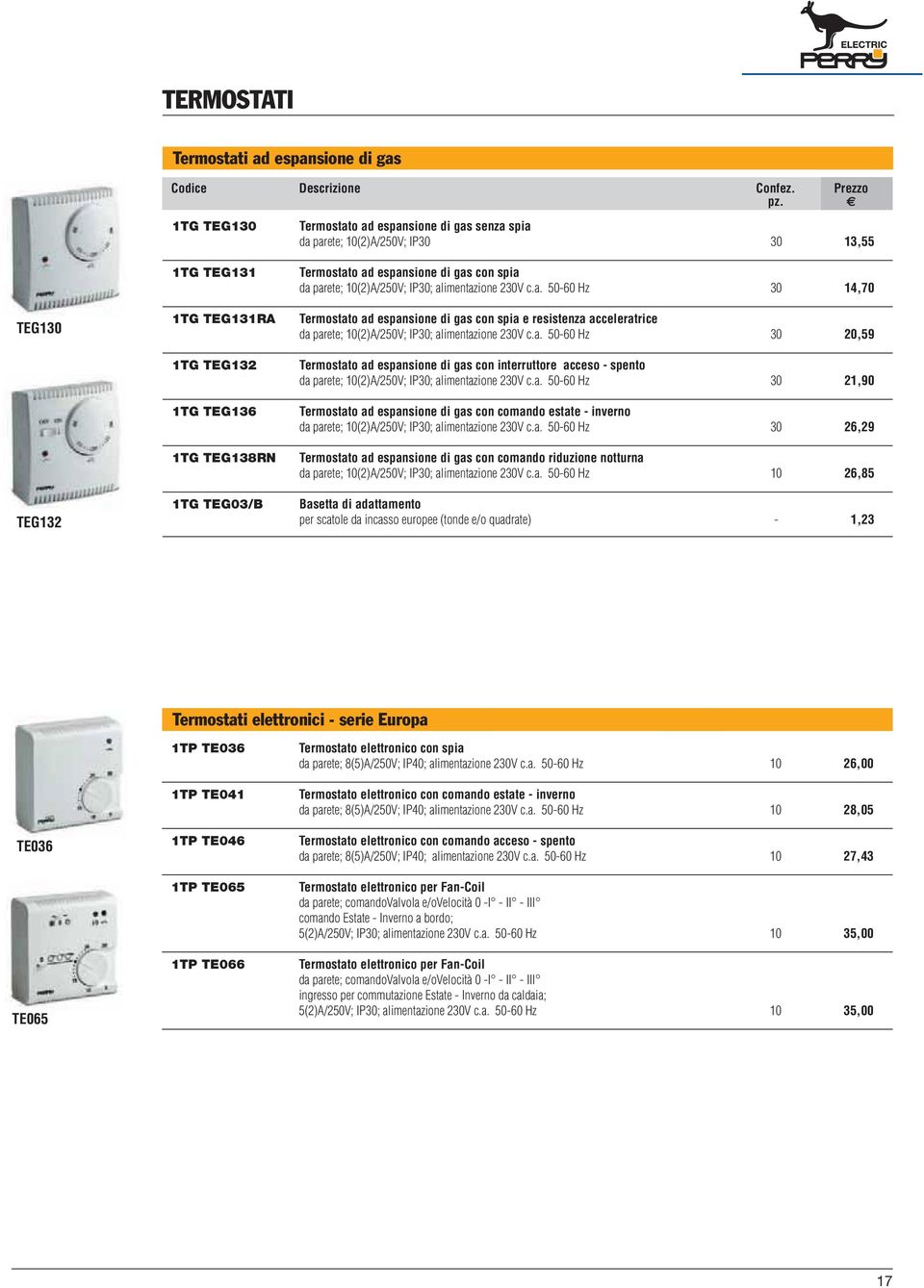 espansione di gas con spia da parete; 10(2)A/250V; IP30; alimentazione 230V c.a. 50-60 Hz 30 14,70 Termostato ad espansione di gas con spia e resistenza acceleratrice da parete; 10(2)A/250V; IP30; alimentazione 230V c.