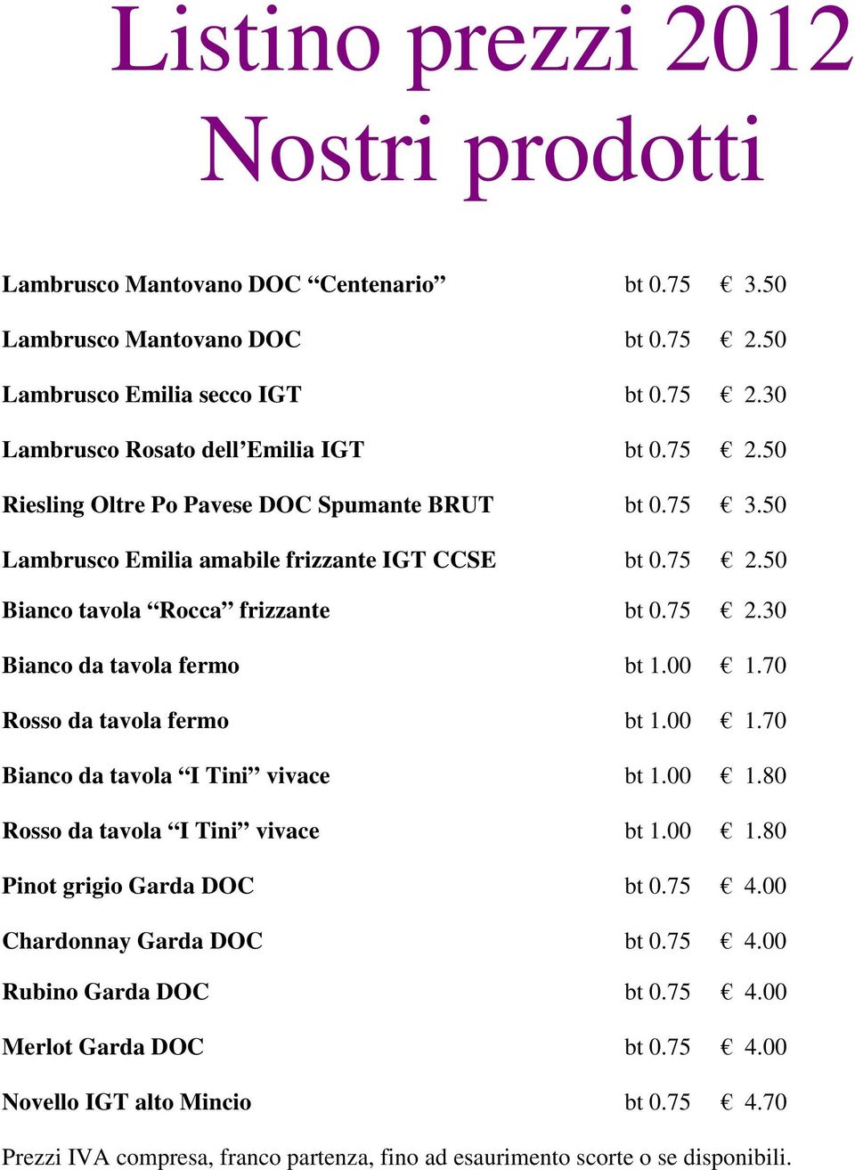 00 1.70 Rosso da tavola fermo bt 1.00 1.70 Bianco da tavola I Tini vivace bt 1.00 1.80 Rosso da tavola I Tini vivace bt 1.00 1.80 Pinot grigio Garda DOC bt 0.75 4.