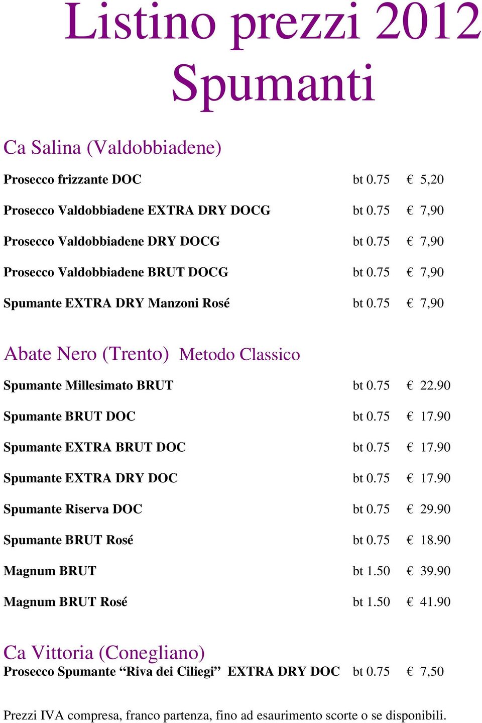 75 7,90 Abate Nero (Trento) Metodo Classico Spumante Millesimato BRUT bt 0.75 22.90 Spumante BRUT DOC bt 0.75 17.90 Spumante EXTRA BRUT DOC bt 0.75 17.90 Spumante EXTRA DRY DOC bt 0.