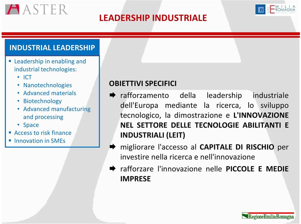 leadership industriale dell'europa mediante la ricerca, lo sviluppo tecnologico, la dimostrazione e L'INNOVAZIONE NEL SETTORE DELLE TECNOLOGIE