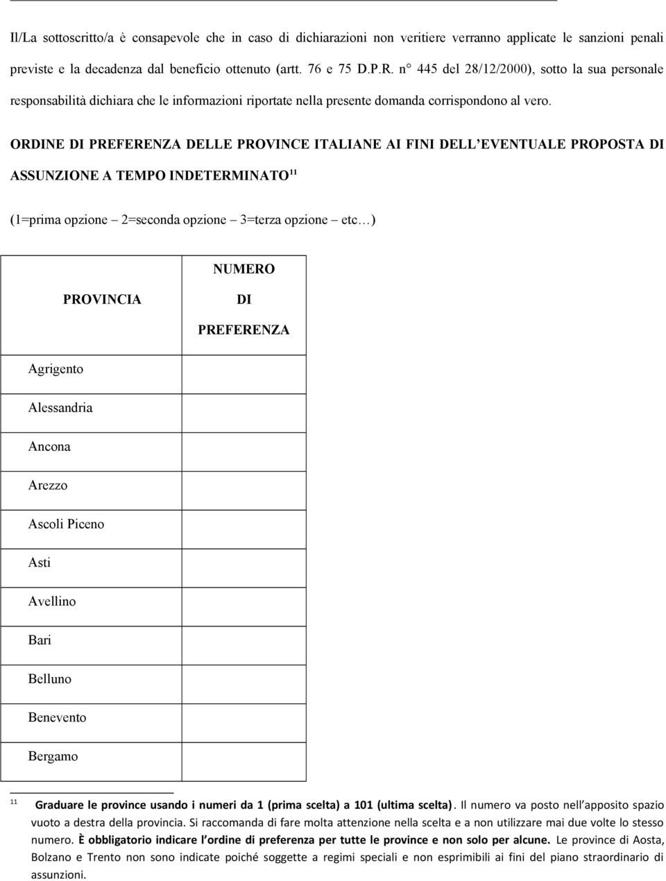 ORDINE DI PREFERENZA DELLE PROVINCE ITALIANE AI FINI DELL EVENTUALE PROPOSTA DI ASSUNZIONE A TEMPO INDETERMINATO 11 (1=prima opzione 2=seconda opzione 3=terza opzione etc ) NUMERO PROVINCIA DI