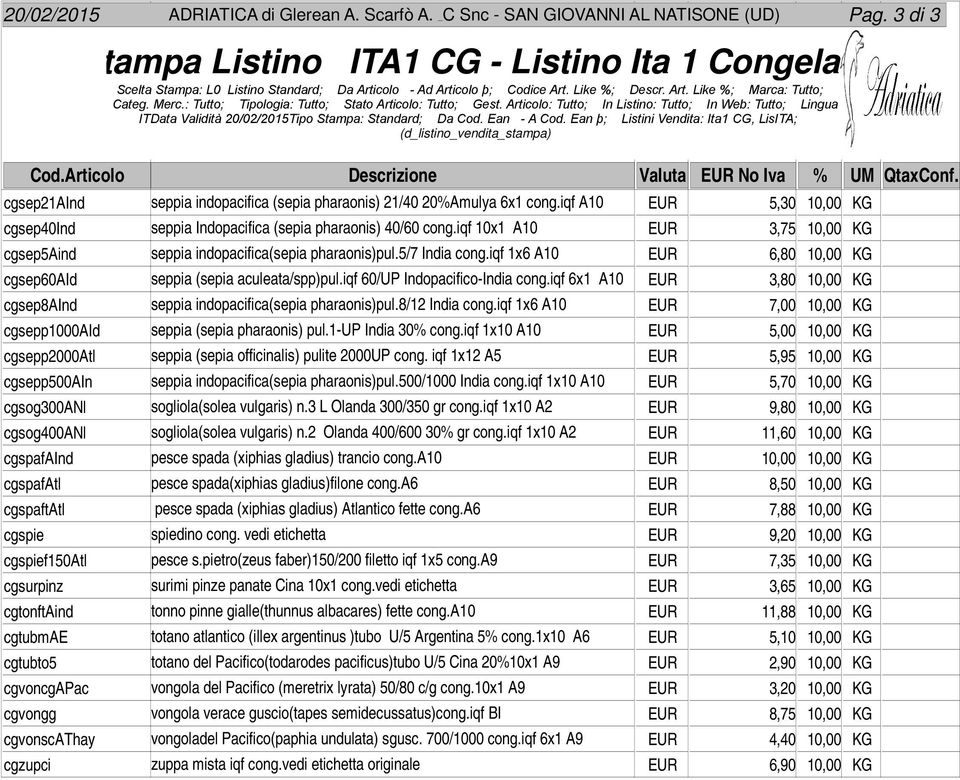 iqf A10 EUR 5,30 10,00 KG cgsep40ind seppia Indopacifica (sepia pharaonis) 40/60 cong.iqf 10x1 A10 EUR 3,75 10,00 KG cgsep5aind seppia indopacifica(sepia pharaonis)pul.5/7 India cong.
