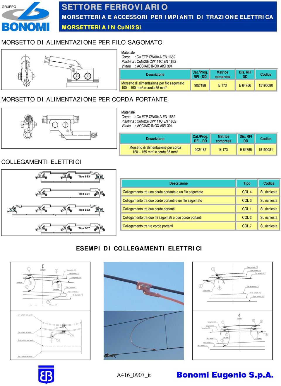 DD DD 902/187 E 173 E 64755 15190081 COLLEGAMENTI ELETTRICI Tipo Collegamento tra una corda portante e un filo sagomato COL 4 Su richiesta Collegamento tra due corde portanti e un filo sagomato COL 3