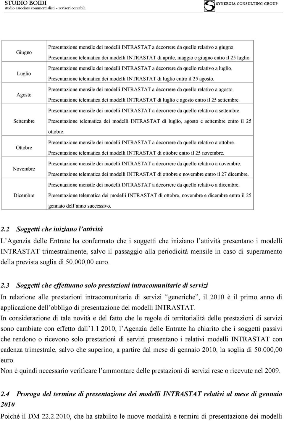 Presentazione mensile dei modelli INTRASTAT a decorrere da quello relativo a agosto. Presentazione telematica dei modelli INTRASTAT di luglio e agosto entro il 25 settembre.