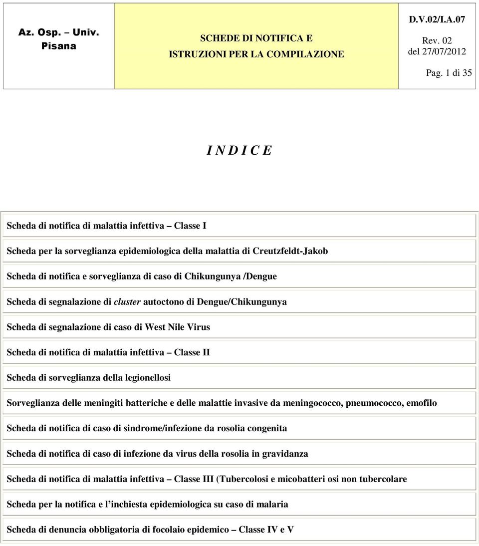 Chikungunya /Dengue Scheda di segnalazione di cluster autoctono di Dengue/Chikungunya Scheda di segnalazione di caso di West Nile Virus Scheda di notifica di malattia infettiva Classe II Scheda di