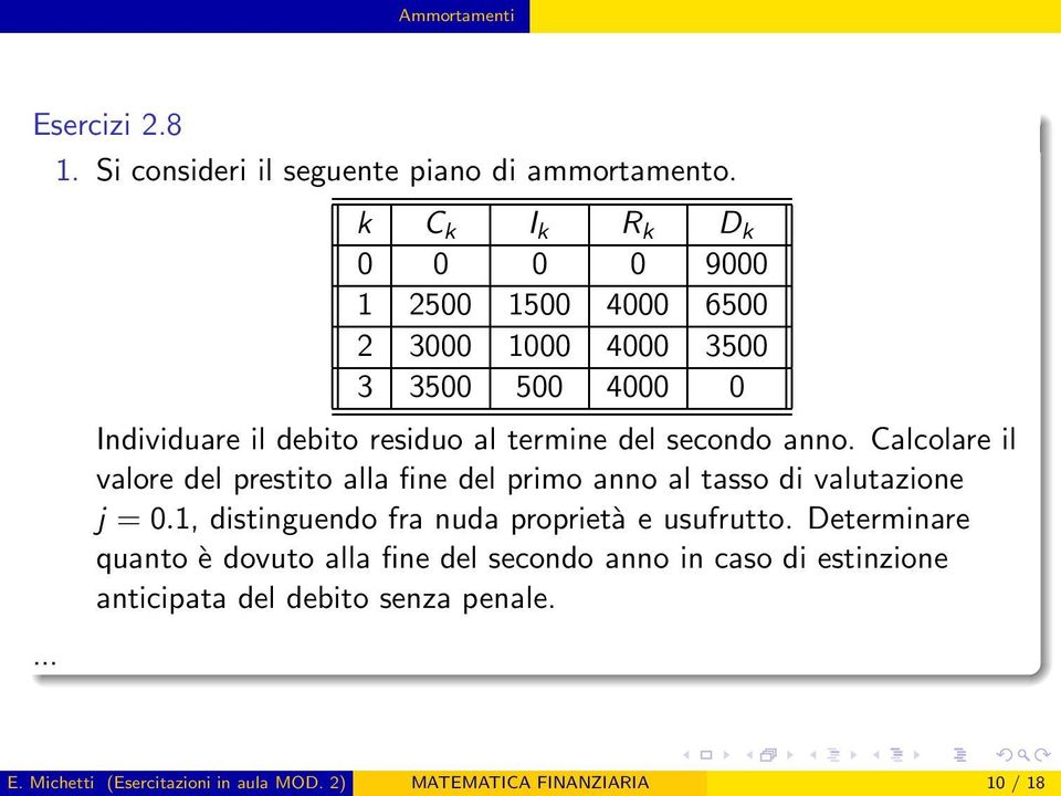 del secondo anno. Calcolare il valore del prestito alla fine del primo anno al tasso di valutazione j = 0.