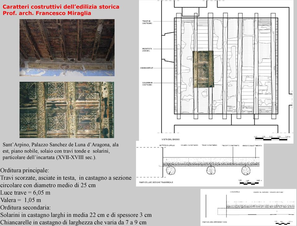 Travi scorzate, asciate in testa, in castagno a sezione circolare con diametro medio di 25 cm Luce trave