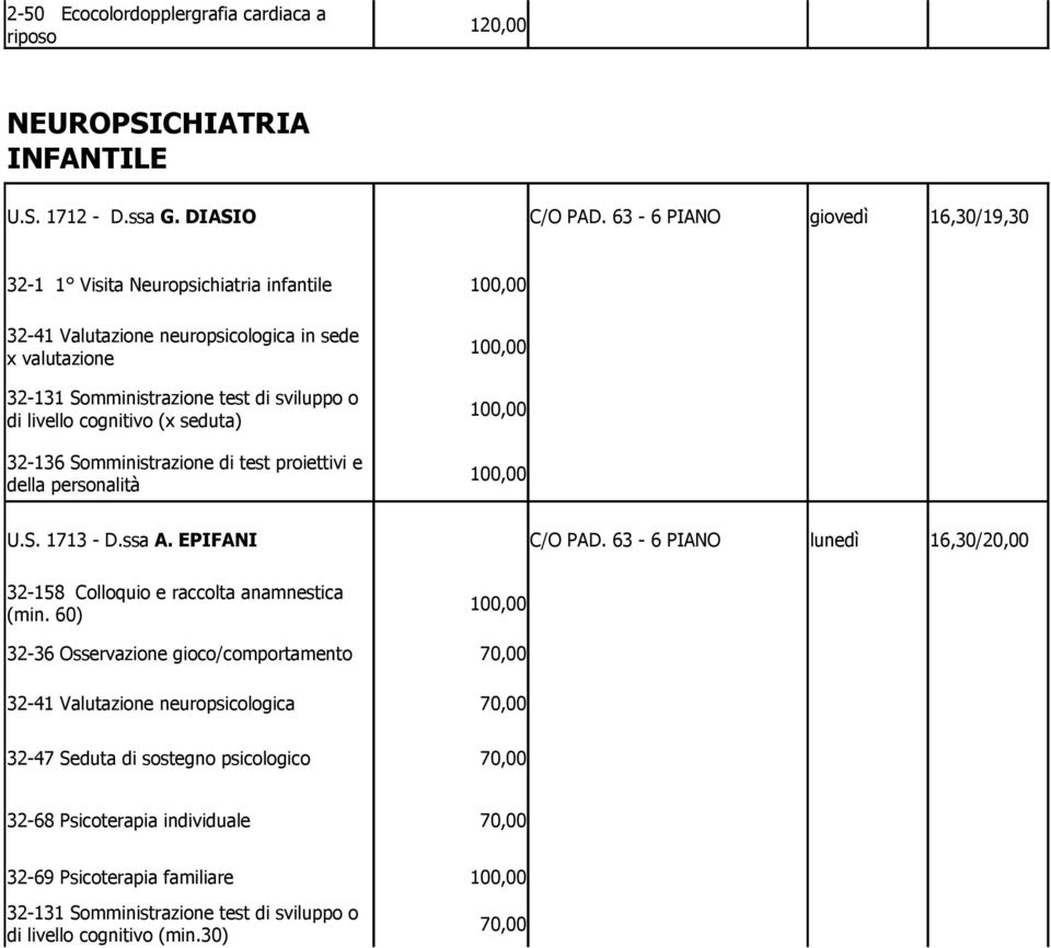 (x seduta) 32-136 Somministrazione di test proiettivi e della personalità U.S. 1713 - D.ssa A. EPIFANI C/O PAD. 63-6 PIANO lunedì 16,30/20,00 32-158 Colloquio e raccolta anamnestica (min.