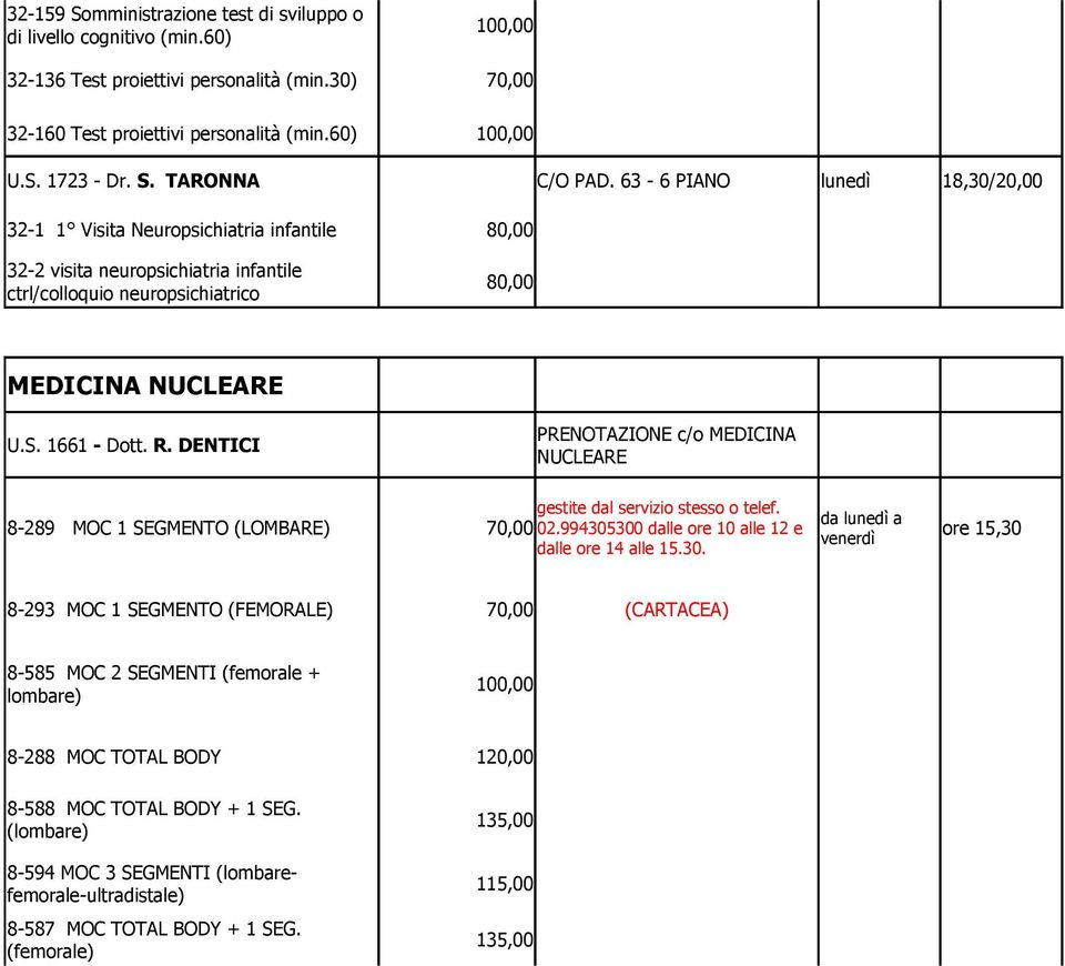 DENTICI PRENOTAZIONE c/o MEDICINA NUCLEARE gestite dal servizio stesso o telef. da lunedì a 8-289 MOC 1 SEGMENTO (LOMBARE) 70,00 02.