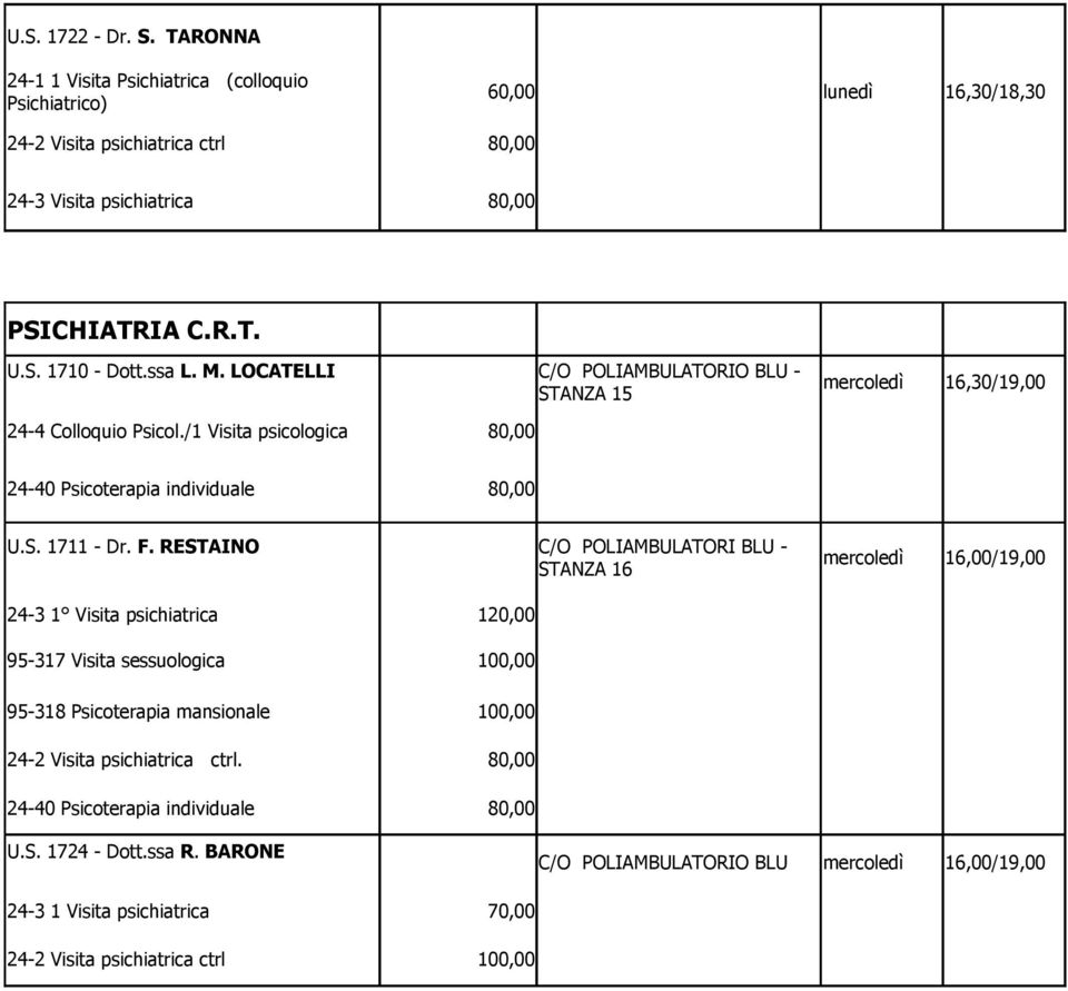 F. RESTAINO C/O POLIAMBULATORI BLU - STANZA 16 mercoledì 16,00/19,00 24-3 1 Visita psichiatrica 120,00 95-317 Visita sessuologica 95-318 Psicoterapia mansionale 24-2 Visita psichiatrica ctrl.