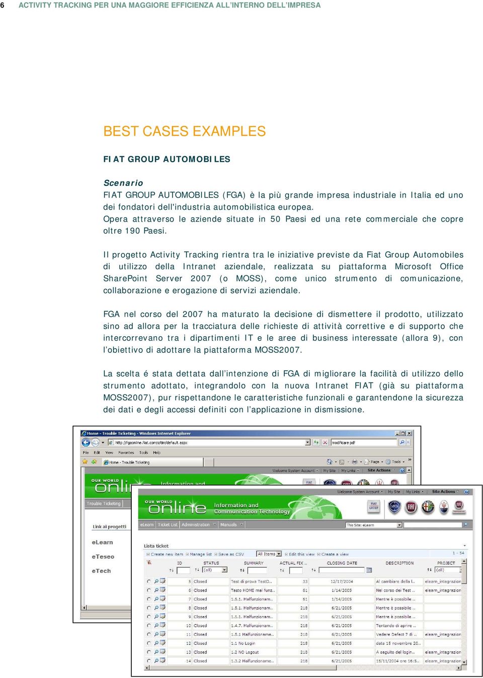 Il progetto Activity Tracking rientra tra le iniziative previste da Fiat Group Automobiles di utilizzo della Intranet aziendale, realizzata su piattaforma Microsoft Office SharePoint Server 2007 (o